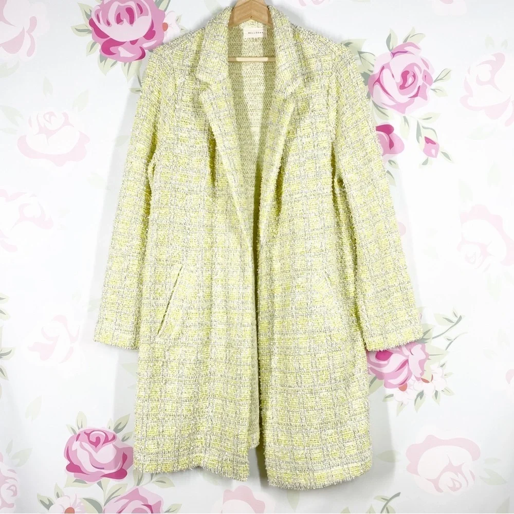 Melloday Yellow Silver Metallic Textured Open Front Longline Duster Jacket L